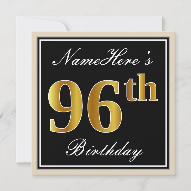 Elegant, Black, Faux Gold 96th Birthday + Name Invitation (Front)