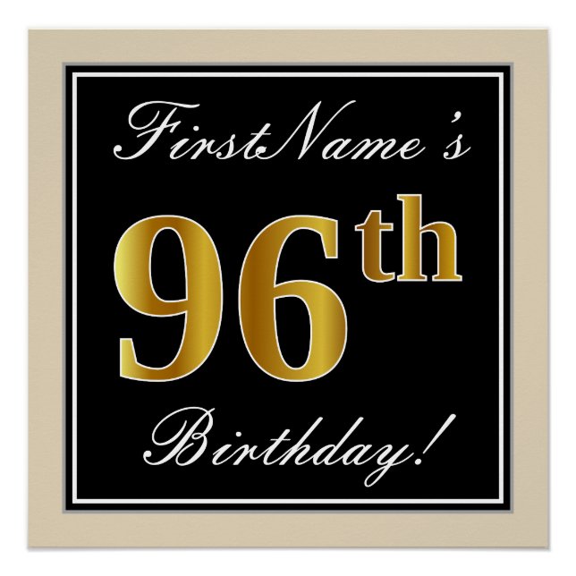 Elegant, Black, Faux Gold 96th Birthday + Name Poster (Front)