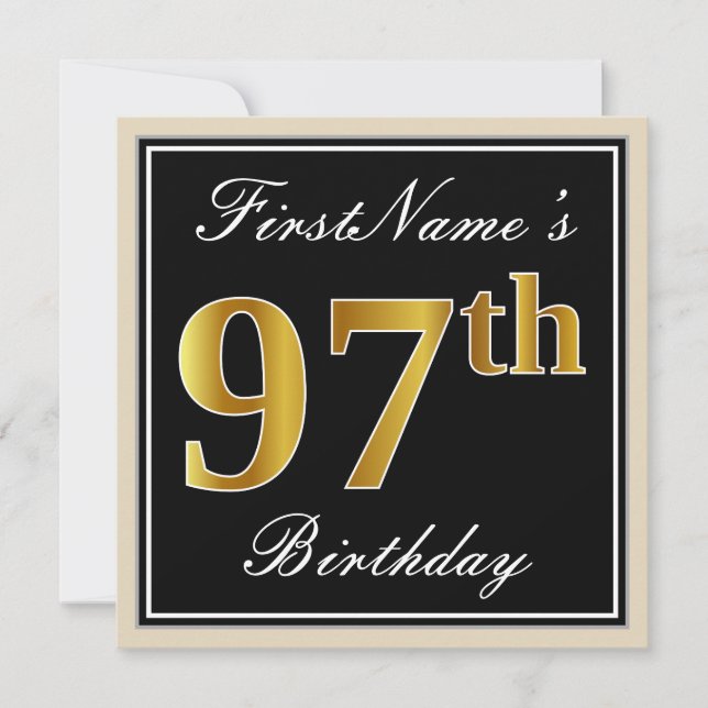 Elegant, Black, Faux Gold 97th Birthday + Name Invitation (Front)