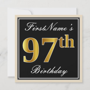 Elegant, Black, Faux Gold 97th Birthday + Name Invitation
