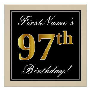 Elegant, Black, Faux Gold 97th Birthday + Name Poster