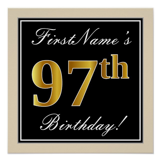 Elegant, Black, Faux Gold 97th Birthday + Name Poster (Front)