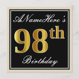 Elegant, Black, Faux Gold 98th Birthday + Name Invitation