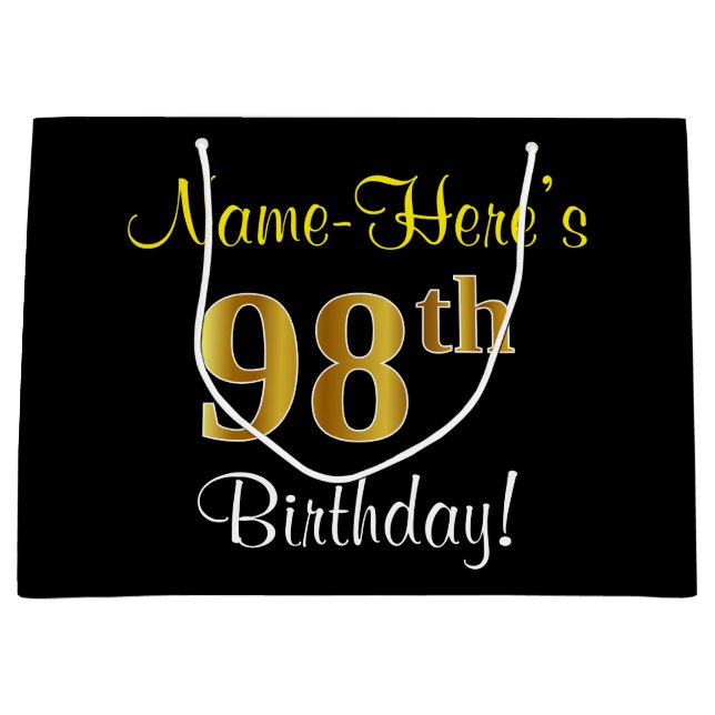 Elegant, Black, Faux Gold 98th Birthday + Name Large Gift Bag (Front)