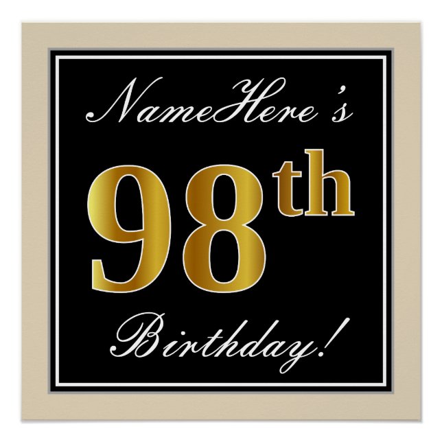 Elegant, Black, Faux Gold 98th Birthday + Name Poster (Front)