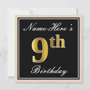 Elegant, Black, Faux Gold 9th Birthday + Name Invitation