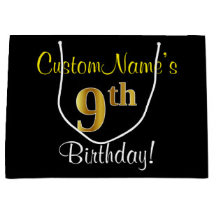 Elegant, Black, Faux Gold 9th Birthday + Name Large Gift Bag