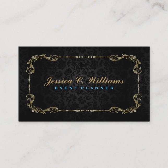 Elegant Black & Faux Gold Floral Frame Business Card (Front)