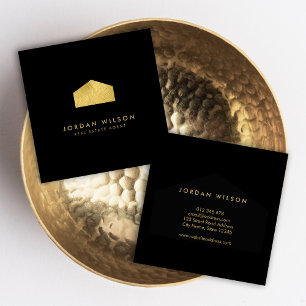 Elegant Black Faux Gold House Real Estate Square Business Card