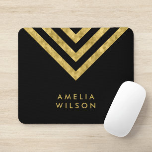 Elegant Black Faux Gold Name Chevron Geometric Mouse Mat