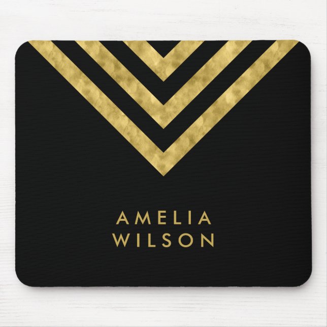 Elegant Black Faux Gold Name Chevron Geometric Mouse Mat (Front)