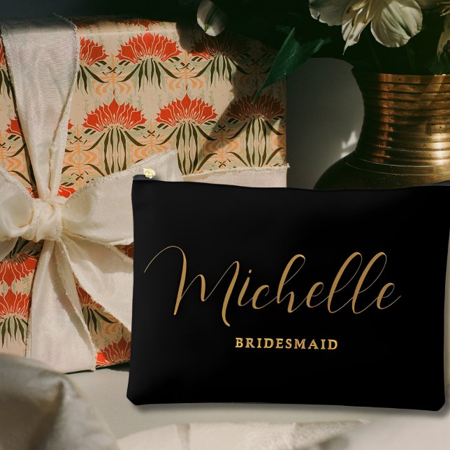 Elegant Black Faux Gold Script Name Bridesmaid Accessory Pouch (Creator Uploaded)