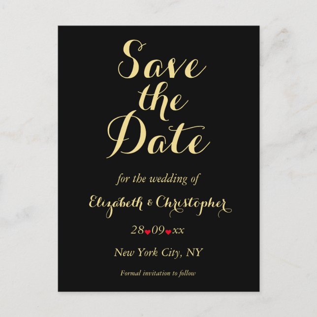 Elegant Black Faux Gold Wedding Save the Date Postcard (Front)