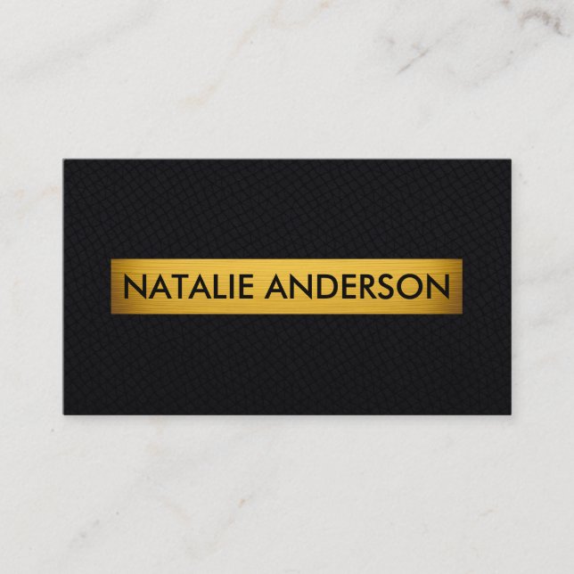 Elegant Black Faux Leather Gold Accent  Business Card (Front)