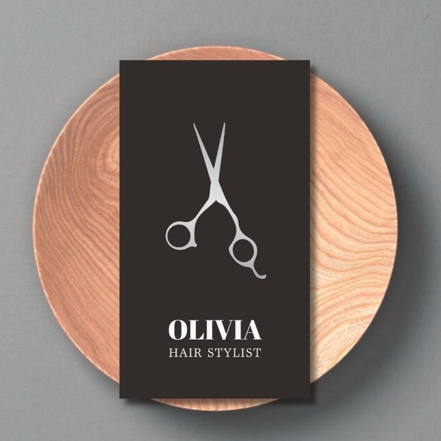 Elegant Black Faux Silver Scissors Bold Hair Salon Business Card (Creator Uploaded)