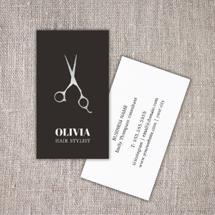 Elegant Black Faux Silver Scissors Bold Hair Salon Business Card