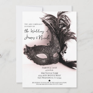 Elegant Black Feather Masquerade Blush Wedding Invitation