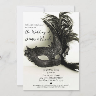 Elegant Black Feather Masquerade Mask Sage Wedding Invitation