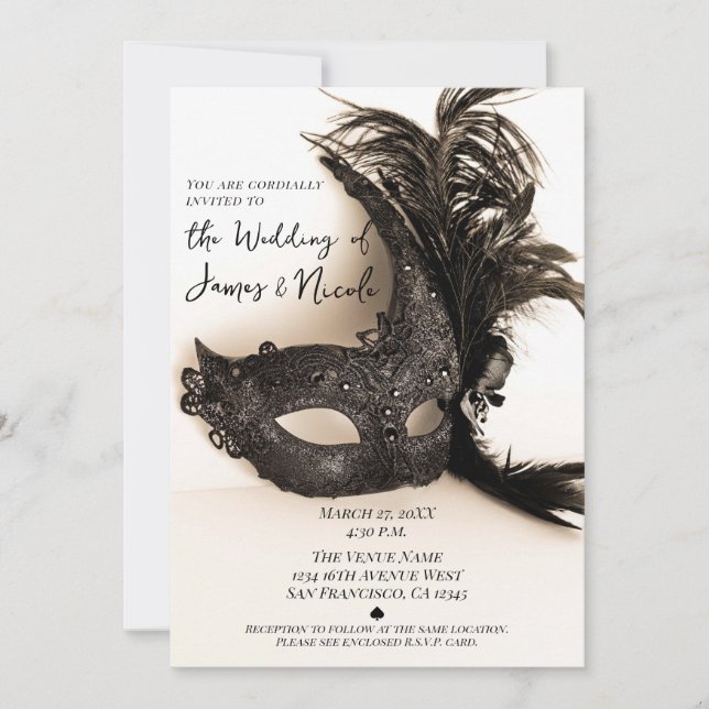 Elegant Black Feather Masquerade Mask Tan Wedding Invitation (Front)