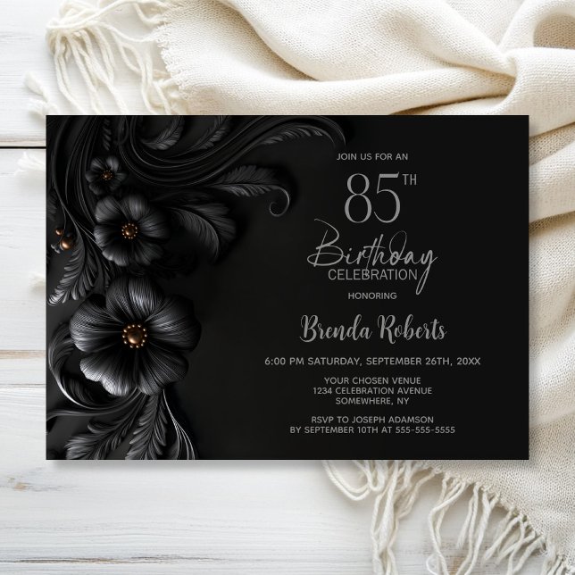 Elegant Black Floral 85th Birthday Party Invitation (Creator Uploaded)