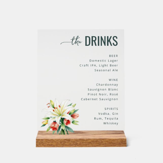 Elegant Black Floral Beverage Menu Acrylic Sign (Front)