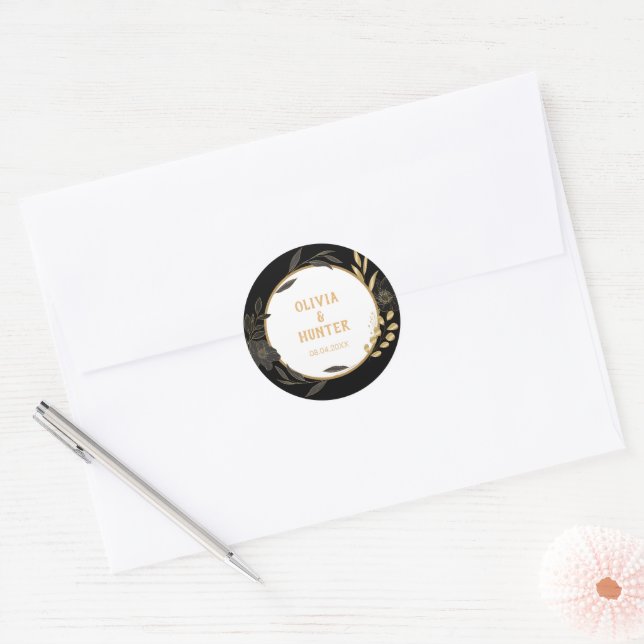 Elegant Black Floral, Black & White wedding Classic Round Sticker (Envelope)