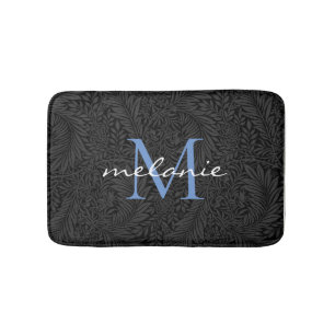 Elegant Black Floral Blue Script Monogram Bath Mat
