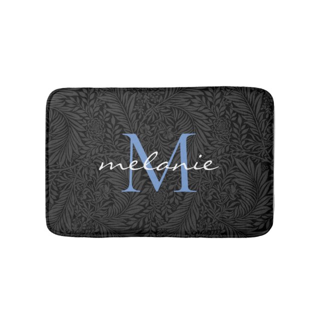 Elegant Black Floral Blue Script Monogram Bath Mat (Front)