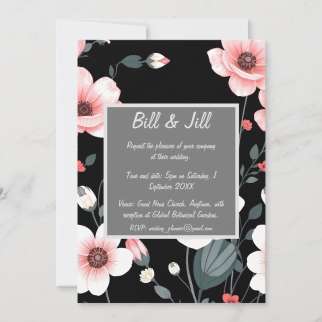Elegant Black Floral Blush, White Blooms Wedding Invitation (Front)