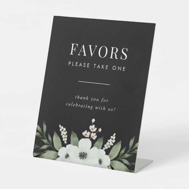 Elegant Black Floral Botanical Wedding Favours Sig Pedestal Sign (Front)