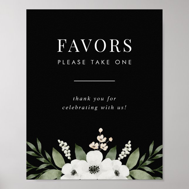 Elegant Black Floral Botanical Wedding Favours Sig Poster (Front)