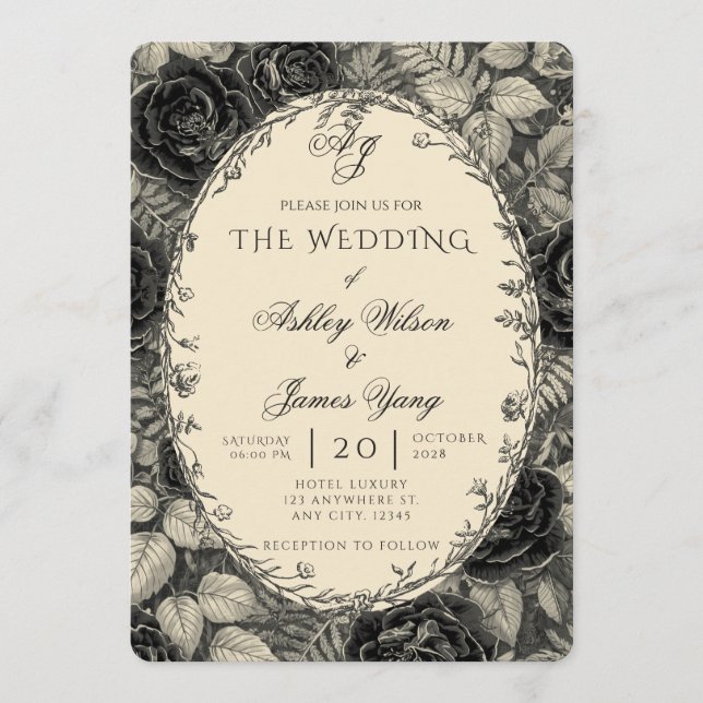 Elegant Black Floral Botanical Wedding Invitation (Front)