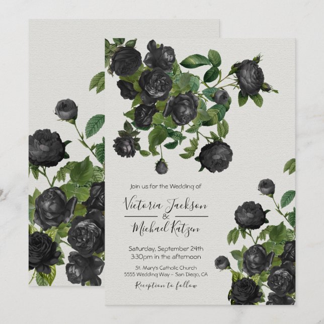 Elegant Black Floral Botanical Wedding Invitation (Front/Back)