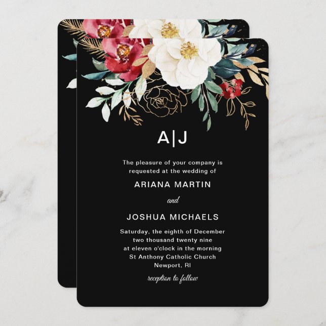 Elegant Black Floral Bouquet Holiday Wedding Invitation (Front/Back)