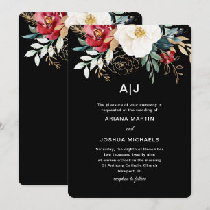 Elegant Black Floral Bouquet Holiday Wedding Invitation