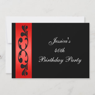 Elegant Black Floral Bright Red White Party Invitation