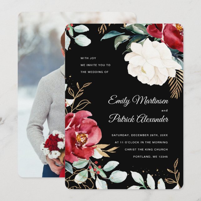 Elegant Black Floral Christmas Photo Wedding Invitation (Front/Back)