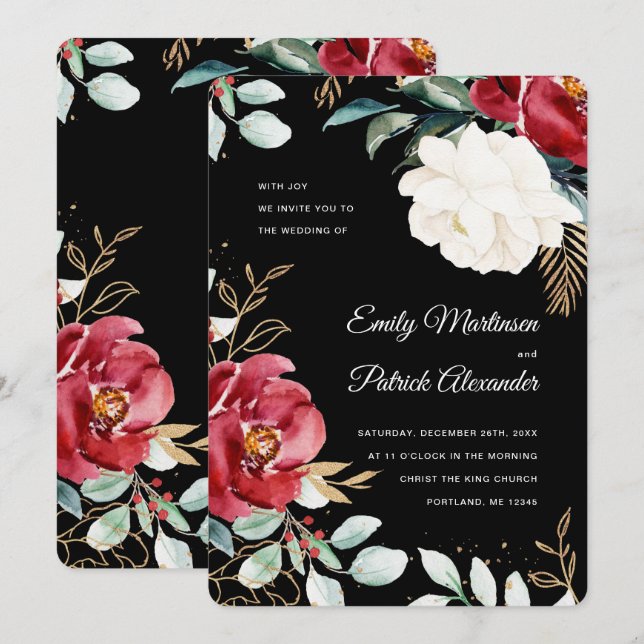 Elegant Black Floral Christmas Wedding Invitation (Front/Back)