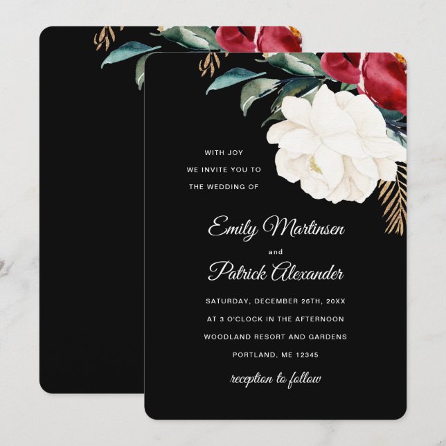 Elegant Black Floral Christmas Wedding Invitation (Front/Back)