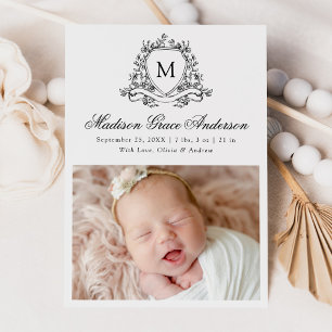 Elegant Black Floral Crest Monogram 4 Photo Birth Announcement