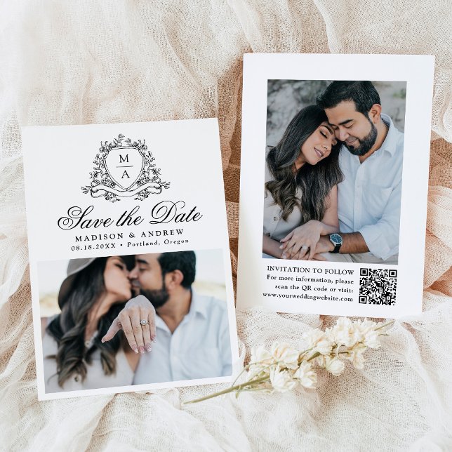 Elegant Black Floral Crest Monogram Photo Wedding Save The Date (Creator Uploaded)