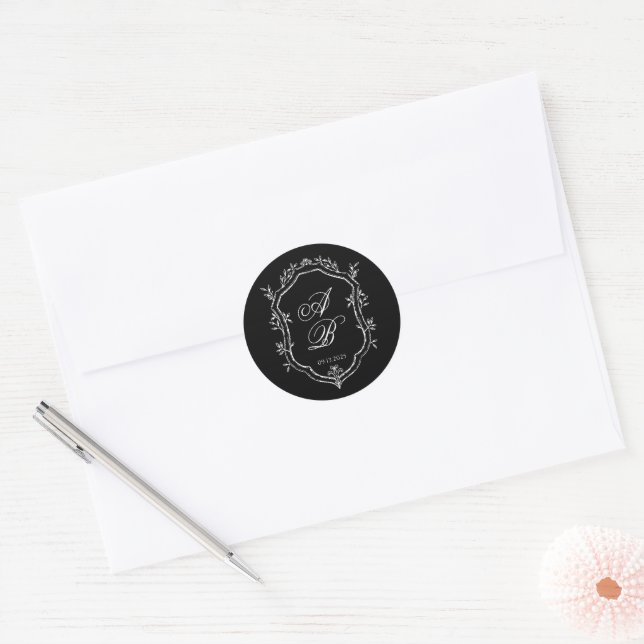 Elegant Black Floral Crest Monogram Script Wedding Classic Round Sticker (Envelope)