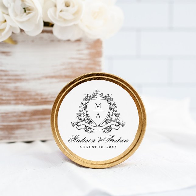 Elegant Black Floral Crest Monogram Wedding Classic Round Sticker (Creator Uploaded)