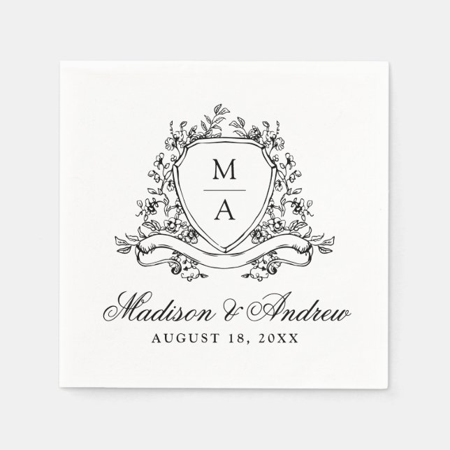 Elegant Black Floral Crest Monogram Wedding Napkin (Front)