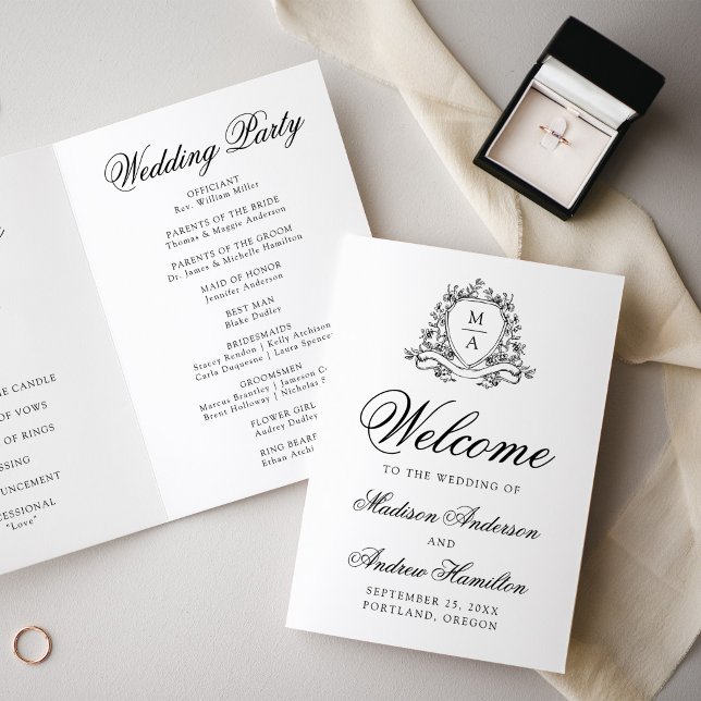 Elegant Black Floral Crest Monogram Wedding Programme (Creator Uploaded)