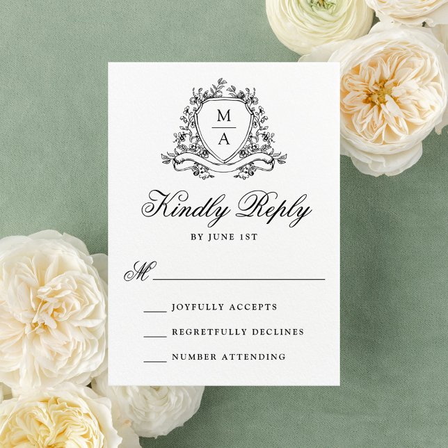 Elegant Black Floral Crest Monogram Wedding RSVP Card (Creator Uploaded)