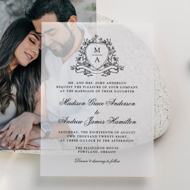 Elegant Black Floral Crest Monogram Wedding Vellum Invitations (Creator Uploaded)