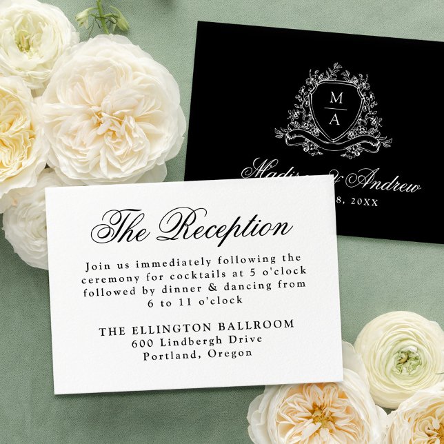 Elegant Black Floral Crest Wedding Reception Enclosure Card (Creator Uploaded)