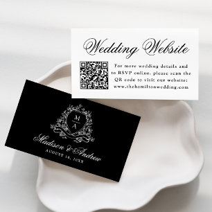 Elegant Black Floral Crest Wedding Website QR Code Enclosure Card