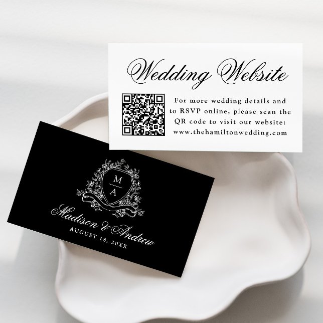 Elegant Black Floral Crest Wedding Website QR Code Enclosure Card (Creator Uploaded)
